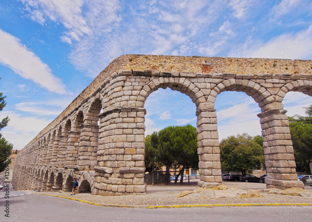 Spain, Castile and Leon, Segovia, Old Town, View of The Roman Aqueduct of Segovia..