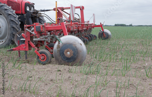 Weeding machine. Tractor and machine. Biological agriculture. Flevopolder Netherlands. Farming.