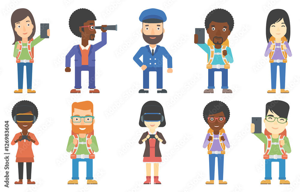 Vector set of tourists and business characters. Vector set of tourists and business characters.