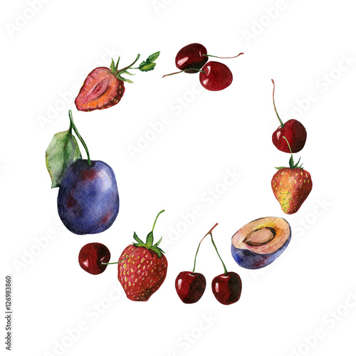 Watercolor fruit and berry frame of cherry  strawberry and plums. Set may be used for food packaging  wrapping paper or vegan menu design.