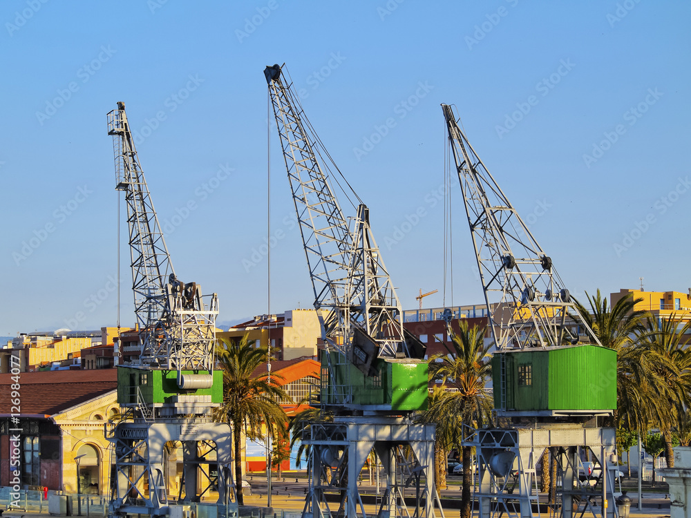 Spain, Catalonia, Tarragona, View of the port cranes. Spain, Catalonia, Tarragona, View of the port cranes.