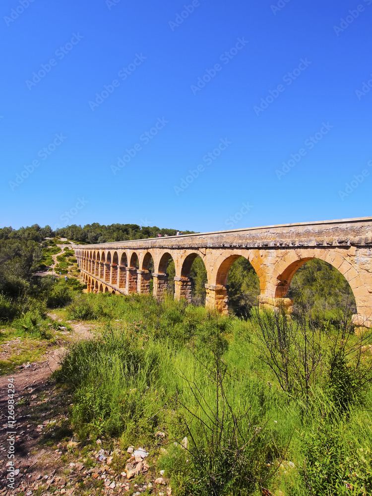 Spain, Catalonia, Tarragona, View of the Les Ferreres Aqueduct..