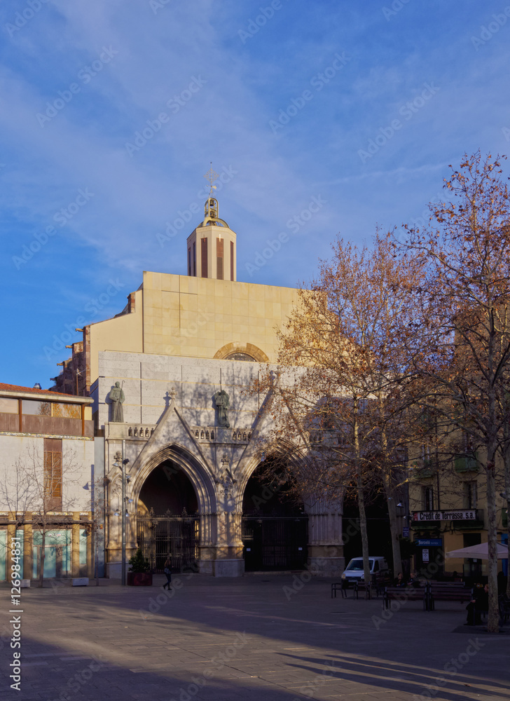 Spain, Catalonia, Barcelona Province, Terrassa, View of the Placa Vella and the Sant Esperit Cathedral..