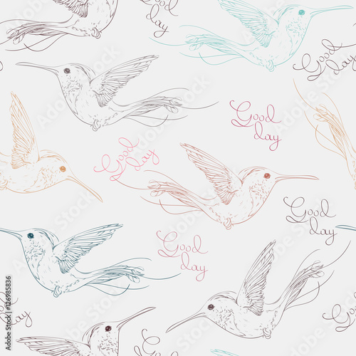 Tropical multicolored birds colibries and lettering good day seamless pattern. Hand drawn vector illustration.