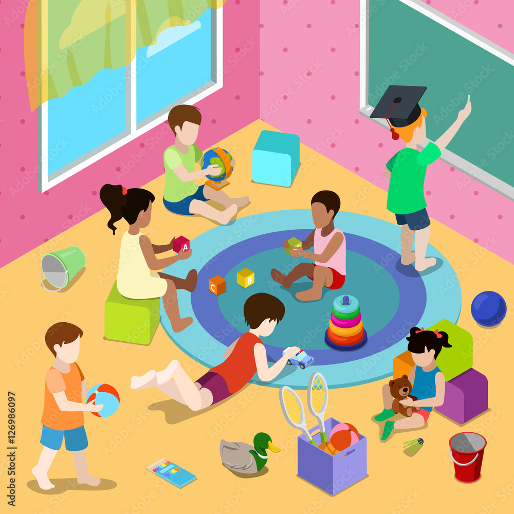 Flat isometric Teacher children play playschool vector 3d