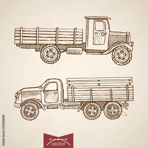 Engraving vintage drawn retro cargo car vector transport Sketch