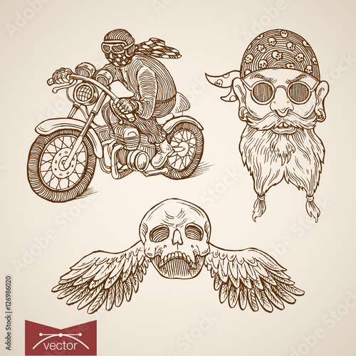 Engraving hand vector biker driving bike helmet glasses