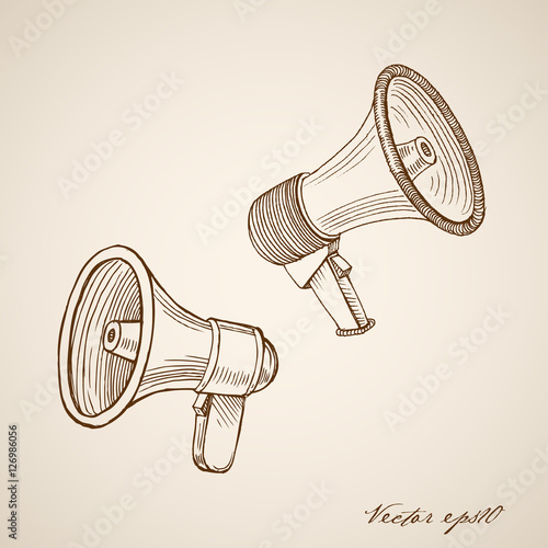 Engraving vintage hand drawn vector loudspeaker doodle collage