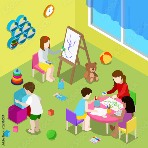 Flat isometric Teacher children draw play playschool vector 3d
