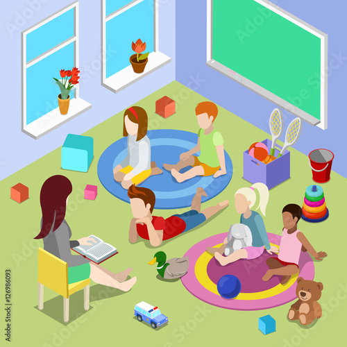 Flat isometric Teacher read book children playschool vector 3d