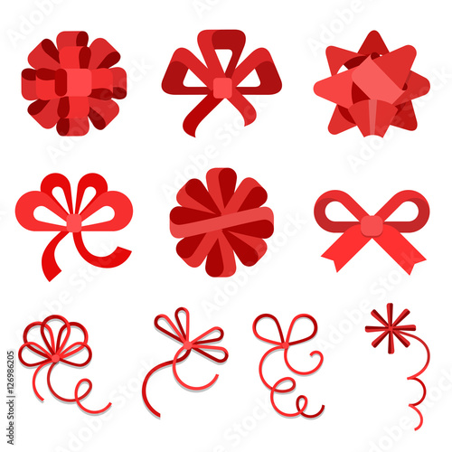 Flat Red gift bows ribbon isolated vector Holidays celebrations. photo