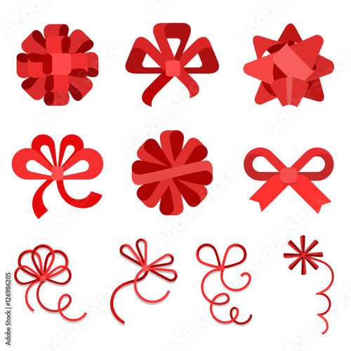 Flat Red gift bows ribbon isolated vector Holidays celebrations.