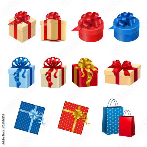 Flat isometric gift box bag bow ribbon vector 3d Winter Holidays
