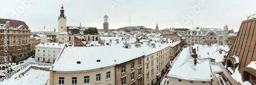 Panorama of Lviv city center over roofs
