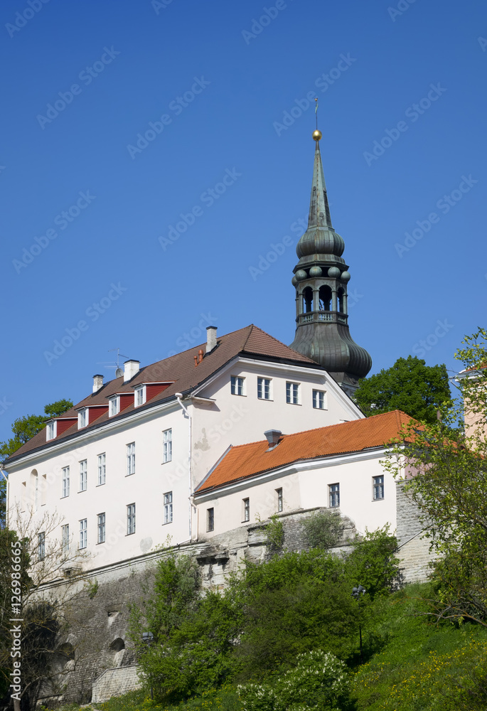 View of houses on the hill Toompea hill and St.Mary Church. Old city, Tallinn, Estonia...