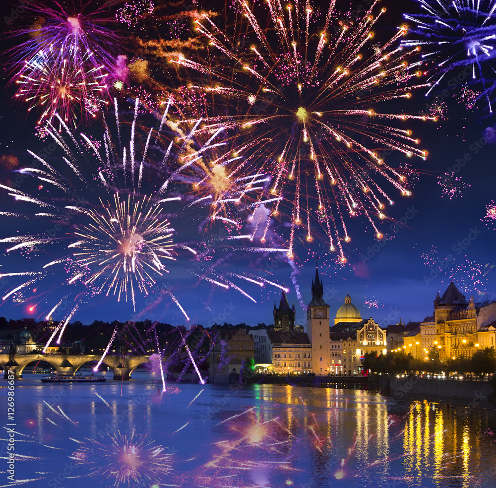 Fototapeta premium Festive firework over Karl Bridge, Prague, the Czech Republic