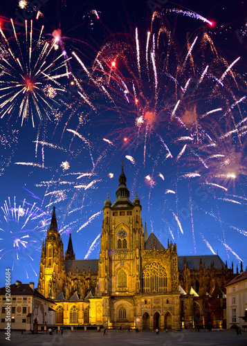 Festive fireworks over the Saint Vitus's cathedral, Prague, the Czech Republic..