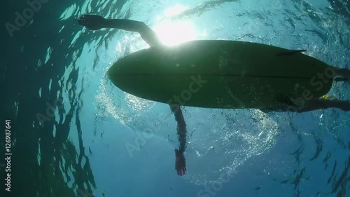 SLOW MOTION UNDERWATER: Surfer sportsman paddling on a surf in open water ocean