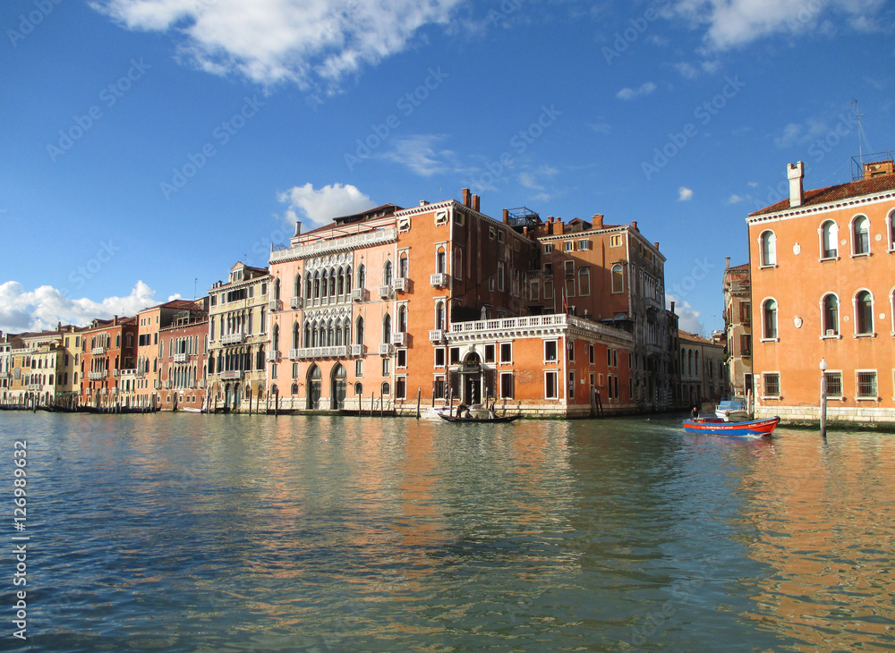 Bright Colored Vintage Architectures along the Grand Canal under the Vivid Blue Sky, Venice of Italy 
