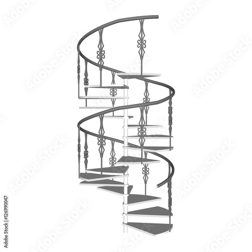 Ladder spiral wooden 3d with forged fencing isolated. Stair side view.  Vector illustration on a white background.