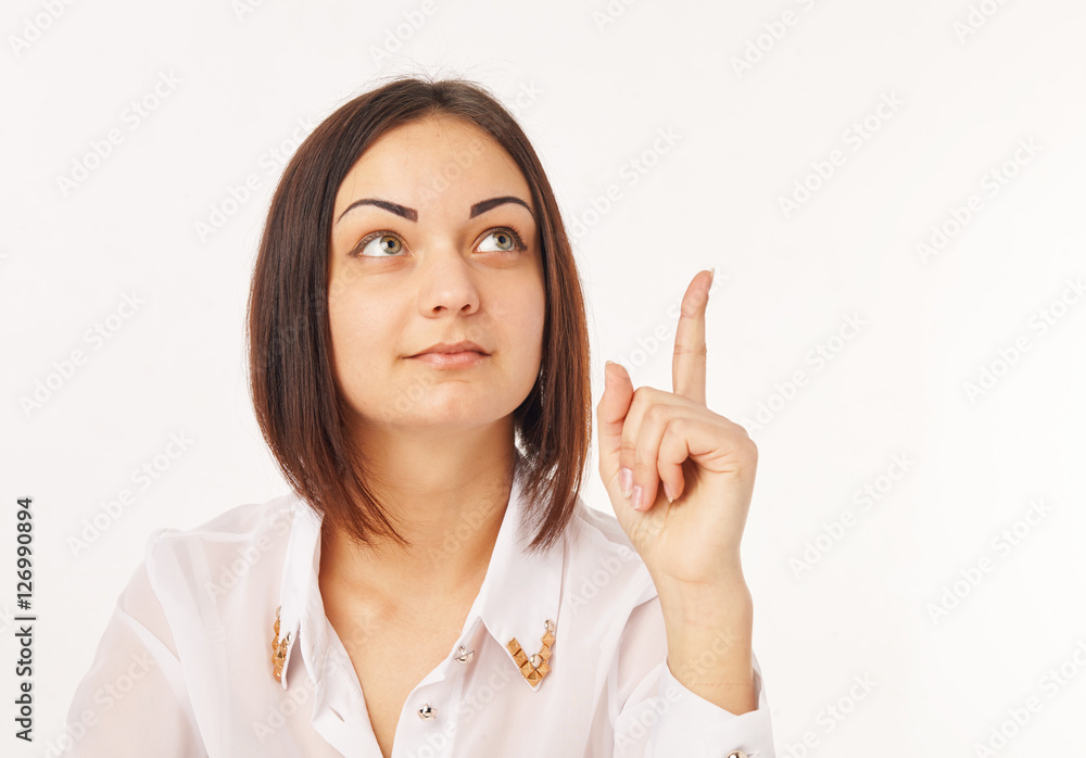 Having an idea woman pointing finger up Having an idea woman pointing finger up