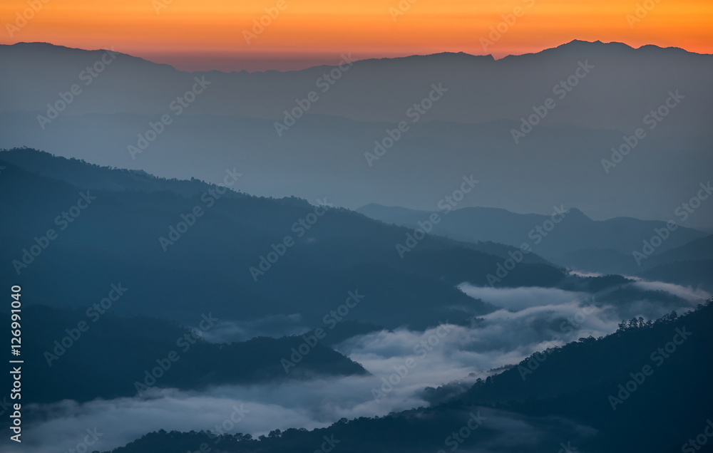 Beautiful sunrise scene with misty in morning in forest valley in Huay Nam Dang National Park. Chiang Mai, Thailand.