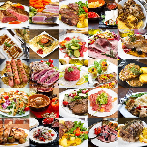 collage di foto di secondi piatti di carne della cucina internazionale 