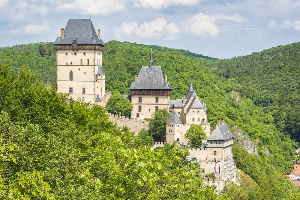 Karlstein, Czech Republic - May 26, 2016: Karlstein Castle is a large Gothic castle founded in 1348 by King Charles IV, Holy Roman Emperor and King of Bohemia. 