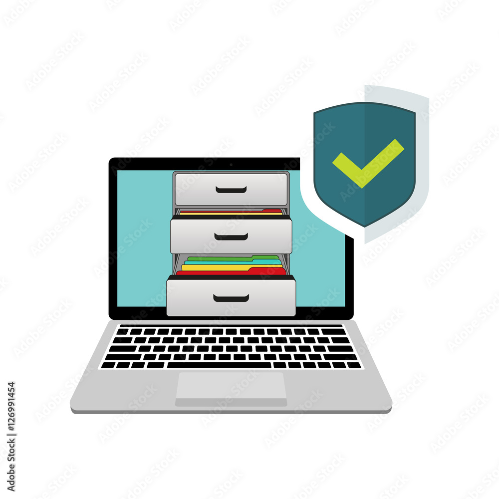 Laptop with boxes of documents and active protection. Shield and protect green checkmark for confirmation. Laptop with boxes of documents and active protection. Shield and protect green checkmark for confirmation.
