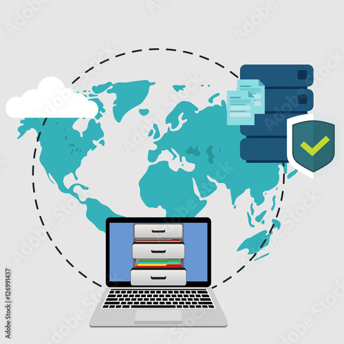 Big data secure storage from laptop with personal documents. Global storage in flat style. Cloud information saving.