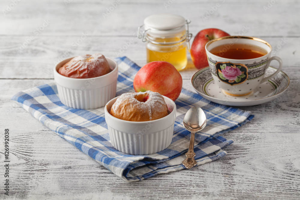 Baked Apple with tea. Puff pastry and cinnamon. With Copy Space Baked Apple with tea. Puff pastry and cinnamon. With Copy Space