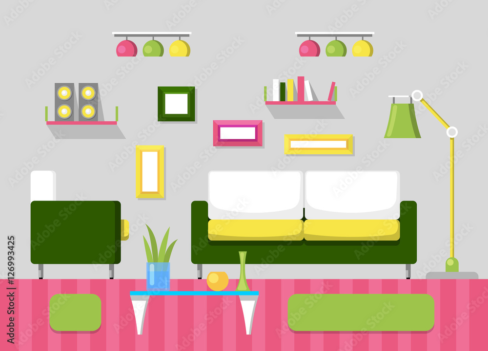 Modern Living Room Interior with Sofa, Book Shelves and Lamps. Room Design with Furniture. Vector illustration Modern Living Room Interior with Sofa, Book Shelves and Lamps. Room Design with Furniture. Vector illustration