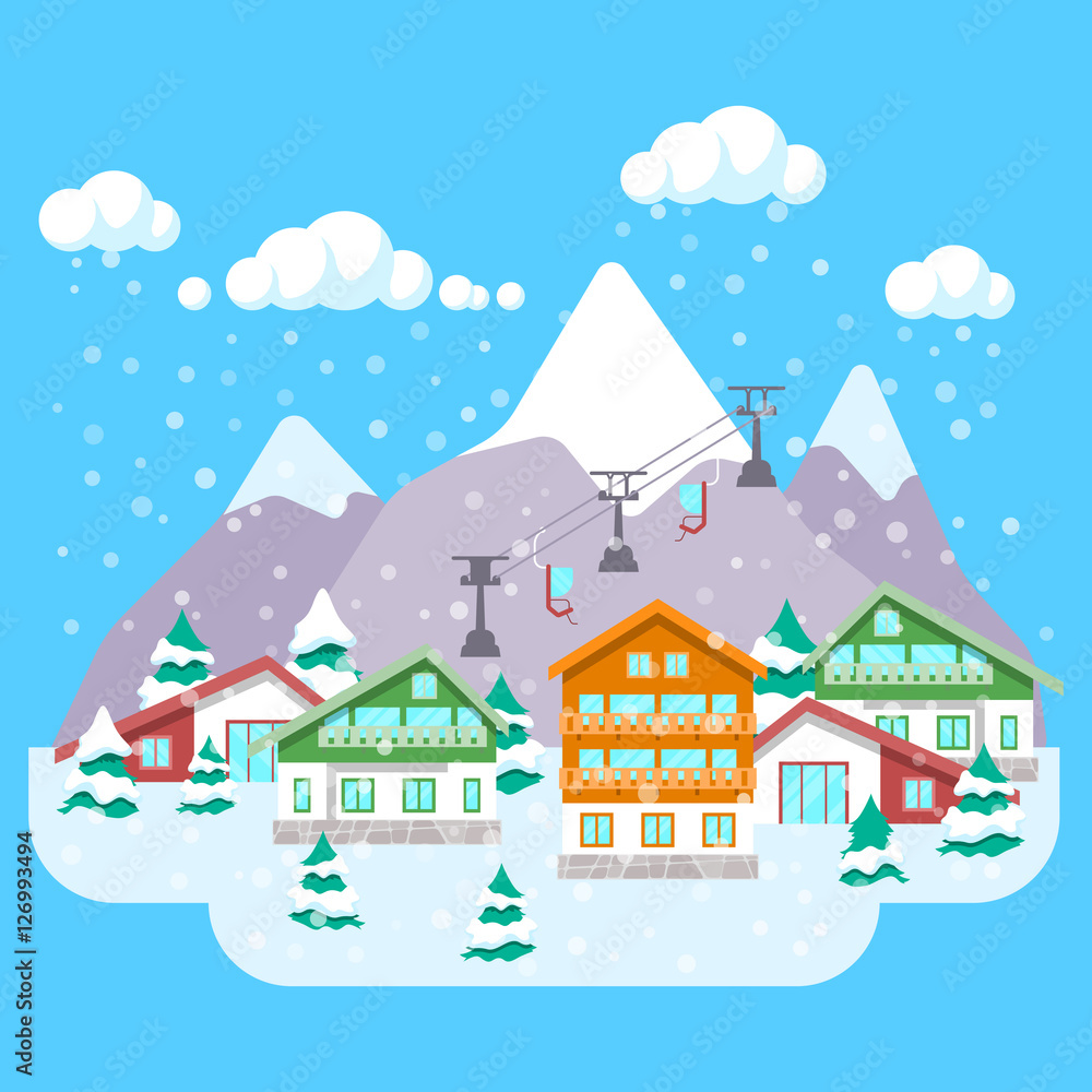 Mountain Ski Resort with Winter Landscape, Hotels and Lift. Vector background