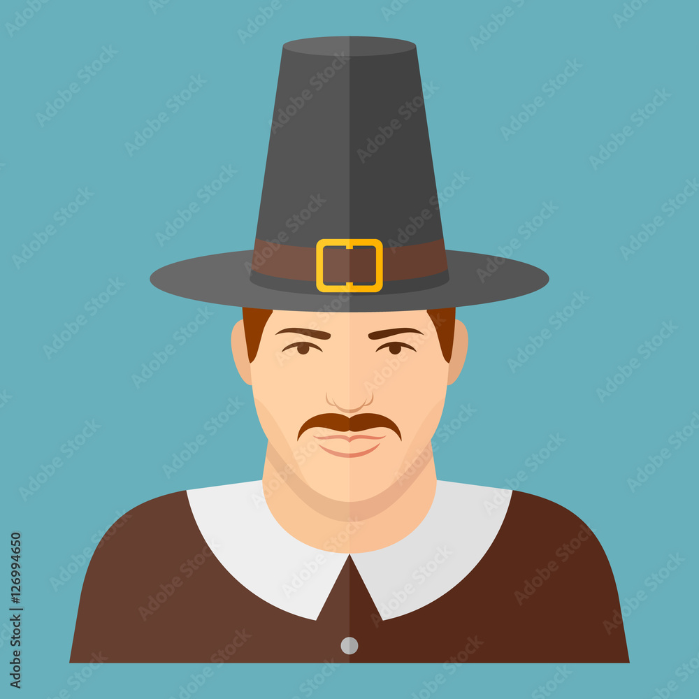 Pilgrim character on blue background. Man face flat icon. Thanksgiving Day. Vector illustration. Pilgrim character on blue background. Man face flat icon. Thanksgiving Day. Vector illustration.