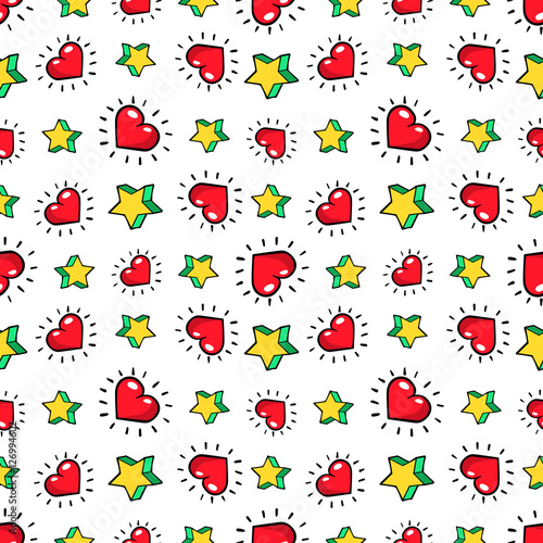 Hearts and Stars Seamless Pattern. Fashion Background in Retro Comic Style. Vector illustration