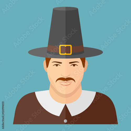 Pilgrim character on blue background. Man face flat icon. Thanksgiving Day. Vector illustration.