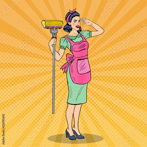 Pop Art Young Confident Housewife Woman Cleaning House with Mop. Vector illustration