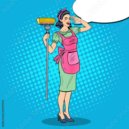 Pop Art Young Confident Housewife Woman Cleaning House with Mop. Vector illustration