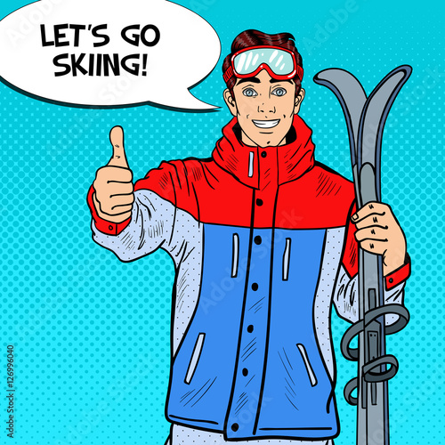 Pop Art Happy Young Man on Ski Holidays Gesturing Thumb Up. Vector illustration