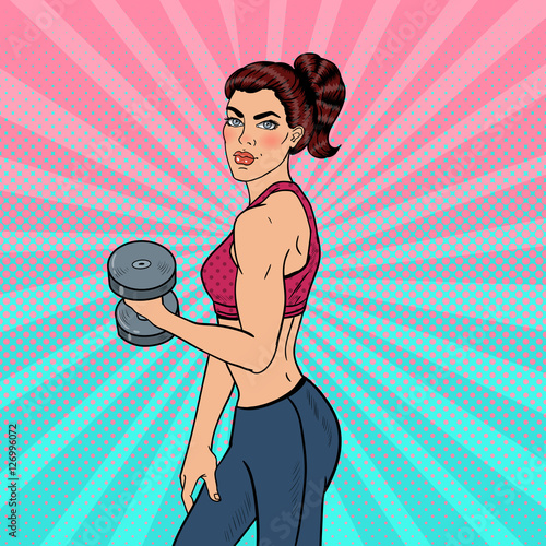 Pop Art Athletic Strong Woman Exercising with Dumbbells. Vector illustration