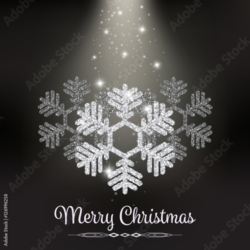 Silver glitter big snowflakes, vector illustration. Merry Christmas beautiful elegant card, trendy luxury colors. Sparkles, star dust, stars and flakes background. 2017 Merry Christmas greeting card.