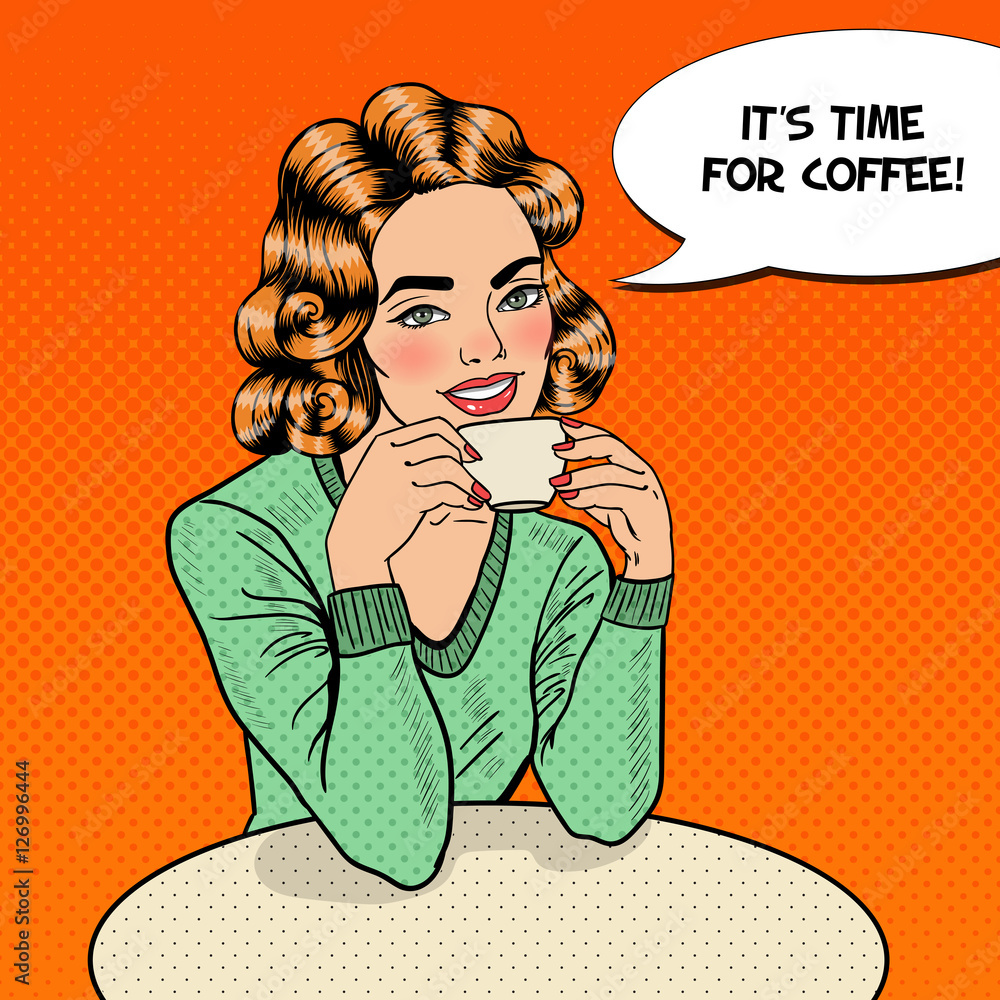 Pop Art Young Beautiful Woman Drinking Coffee in Cafe. Vector illustration Pop Art Young Beautiful Woman Drinking Coffee in Cafe. Vector illustration