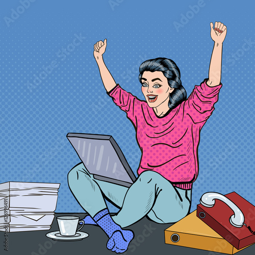 Pop Art Excited Young Woman with Laptop Sitting on the Office Desk with Papers. Vector illustration