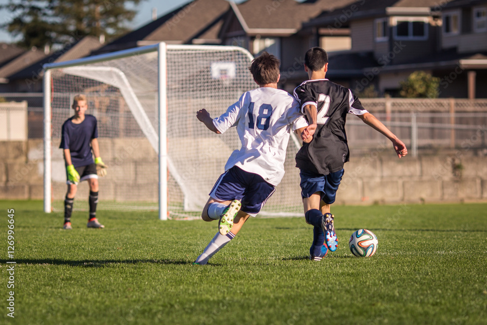 Soccer game in action with two teenage boys competing for the ball in front of the net with goalie in the background