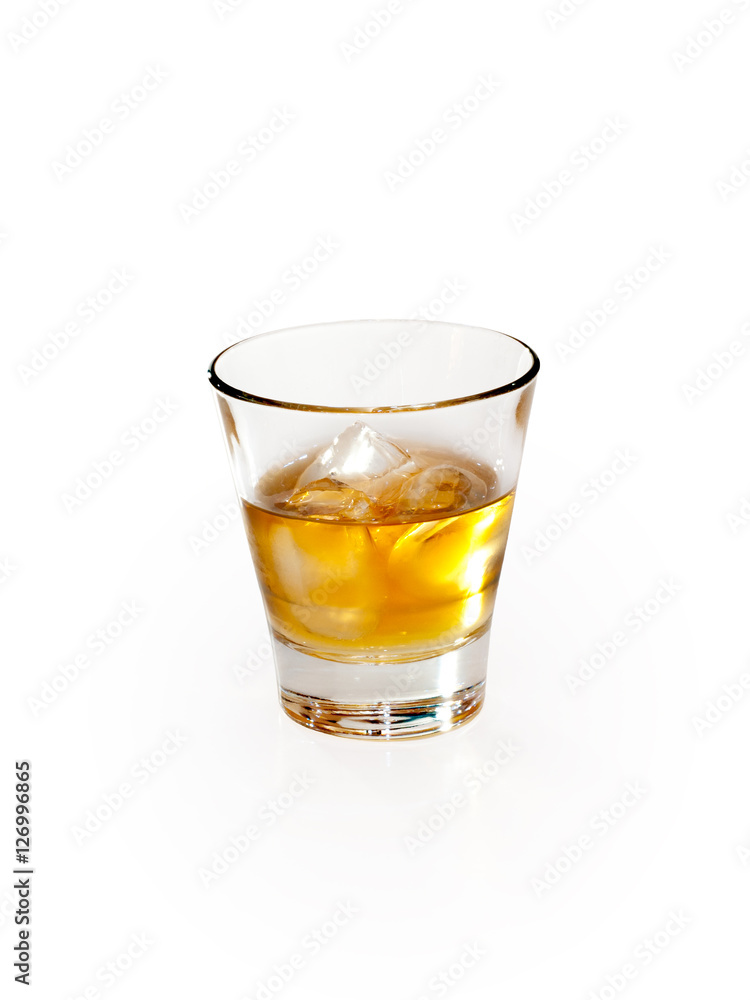 Glass of whiskey with ice on white background. Glass of whiskey with ice on white background.