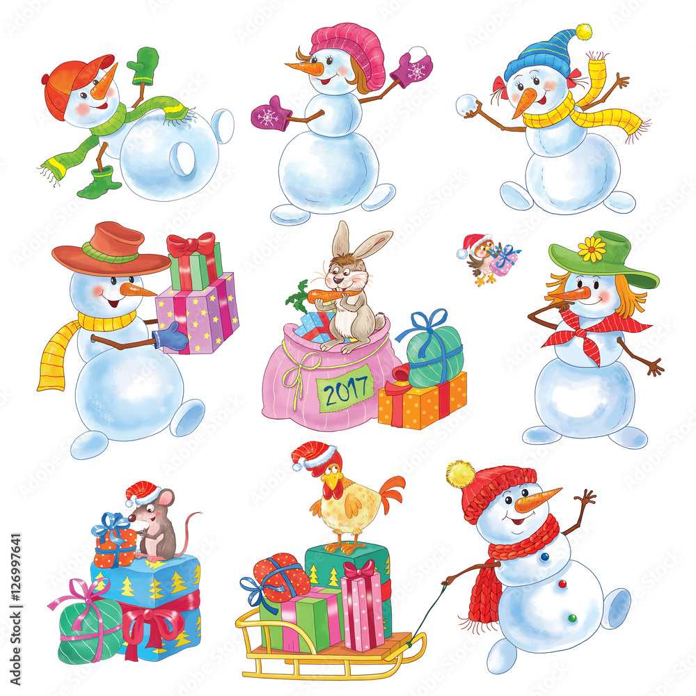 Set of cute funny Christmas characters. Cute funny snowmen, big bag with  Christmas presents, rabbit, rat, sparrow. Rooster in Christmas cap. Funny  cartoon characters isolated on white. Stock Illustration | Adobe Stock