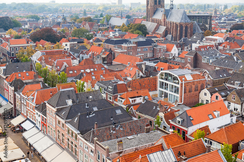 The aerial view of Delft old town