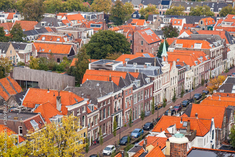 The aerial view of  Delft old town