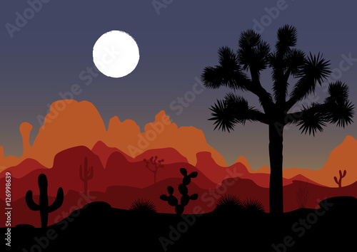 Night landscape with Joshua tree and mountains. Vector illustration.