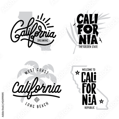 California related t-shirt vintage style graphics set. Vector illustration.